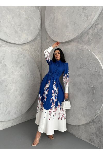 WellWay Rochie albastră cu detaliu cu nasturi, guler de cămașă cu model floral din țesătură Atlas (CUREA INCLUSĂ)-2501