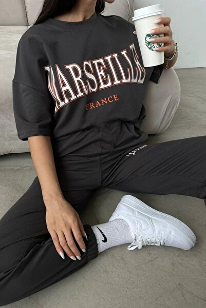 CLAYES Marseille Printed T-Shirt Sweatpants Jogger - Anthracite Bottom Top Set Oversize Crew Neck