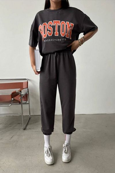 CLAYES Tricou Boston imprimat, pantaloni de trening, pantaloni de jogging, decolteu supradimensionat