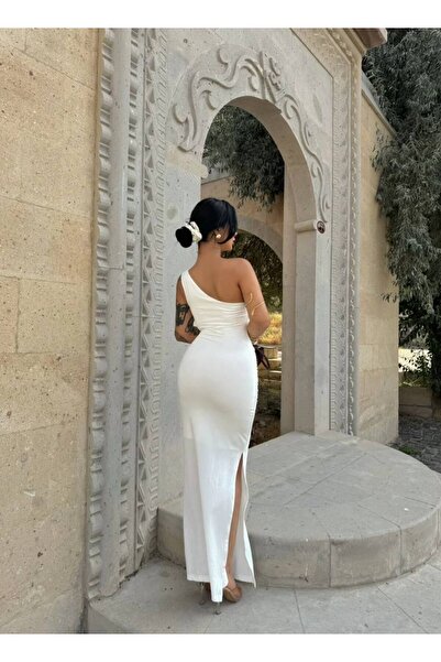 alenmoda Rochie cu fante nisipoase drapată pe umeri