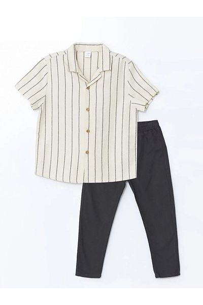 LC Waikiki Lcw Kids Beige Resort Lapel Striped Boy's Shirt and Pants 2-Piece