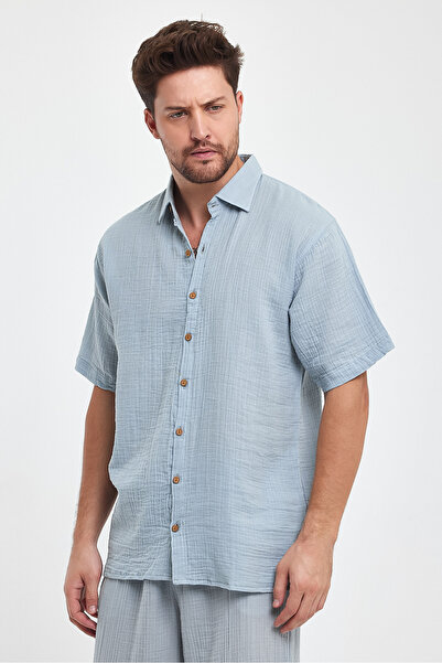 TCT TEKSTİL Ανδρικό πουκάμισο - Πουκάμισο με κοντό μανίκι με γιακά μουσελίνα - 4040