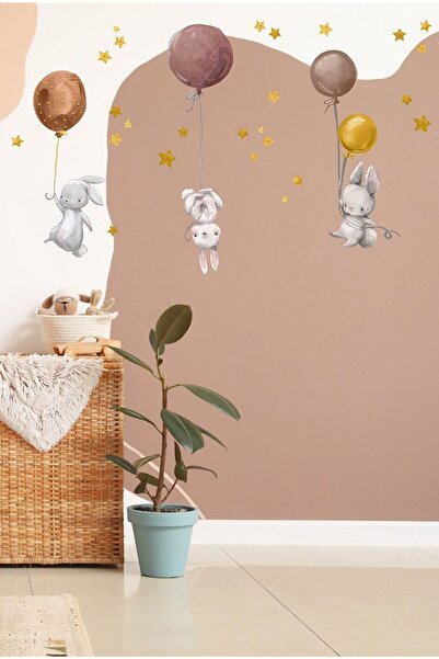 KT Decor Sevimli Balonlu Tavşanlar Ve Yıldızlar Çocuk Odası Duvar Sticker