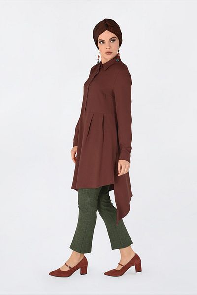 Alvina 4706 Model Asymmetrical Cut and Pleat Detailed Tunic