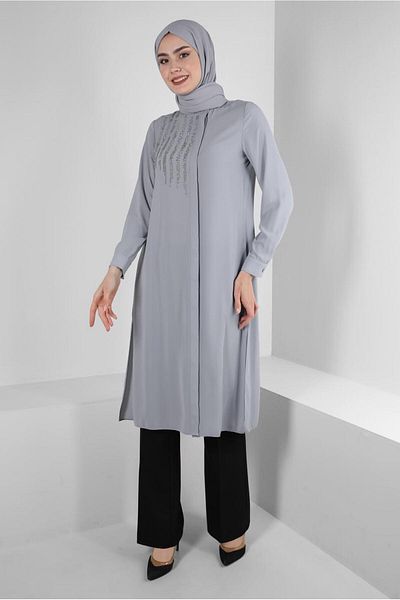 Alvina STONE EMBROIDERED LONG TUNIC WITH SIDE SLIT 43521