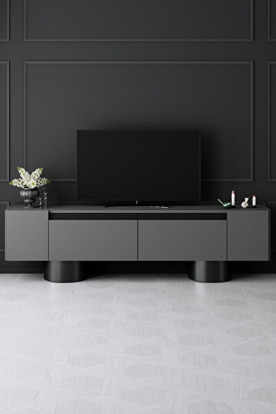 Modatte Bohem Siyah Metal Ayaklı Siyah Tasarım Antrasit Tv Sehpası