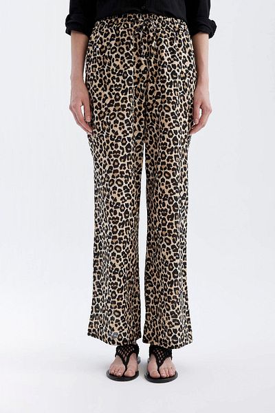 DeFacto Voile-Hose mit weitem Bein und Leopardenmuster – hohe Taille, Taschen, lange Länge C3831ax24sm