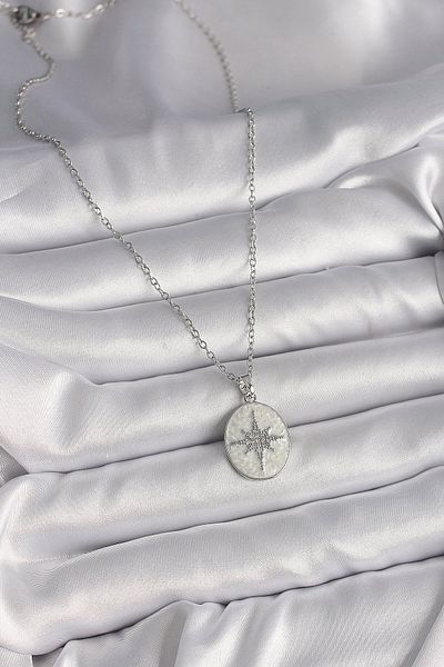 Angoravi 316L Steel Silver Color Chain White Enameled Zircon Stone Pole Star Engraved Women's Necklace