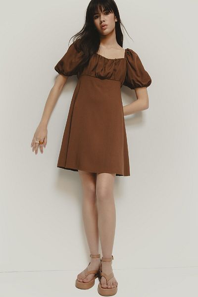 DeFacto Square Neck Linen Blend Short Sleeve Midi Summer Dress E0896Ax25Sm