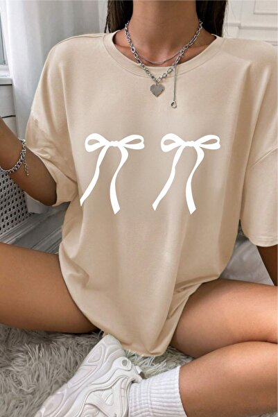 coolart Tricou cu panglici - Tricou de vară supradimensionat cu imprimeu bej,...