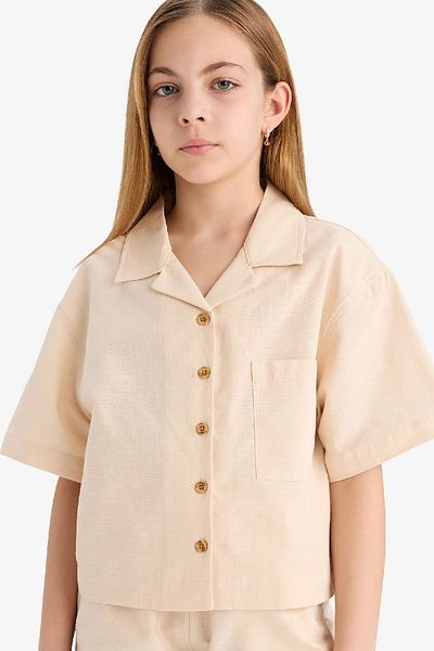 DeFacto Dziewczęca koszula lniana z krótkim rękawem i krótkim rękawem o kroju cropped fit D7638a825sm