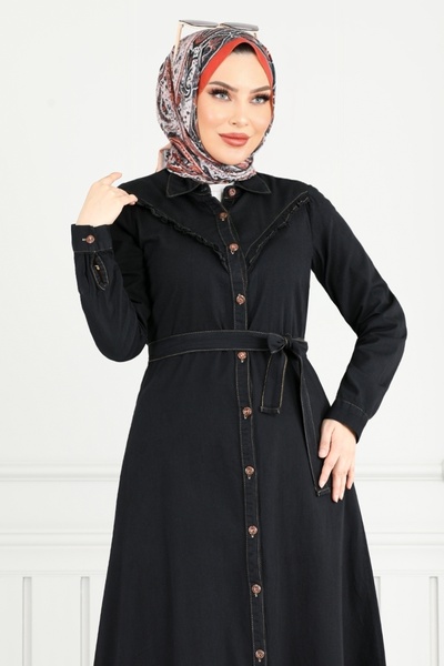 ModaMerve Front Detail Ruffle Denim Dress 25023Mts1095-M Black Denim