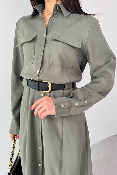 Cappmoda ELB-8189 Χακί Ζώνη Τσέπη Λεπτομερές Φόρεμα με Κουμπιά