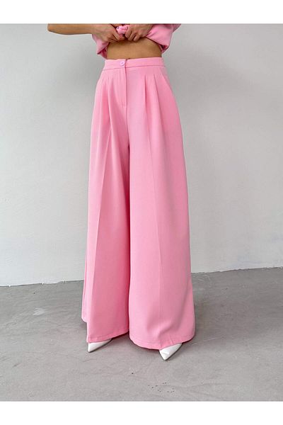 Cappmoda TKM-03676 Ροζ βαμμένο γιλέκο Palazzo Παντελόνι Atlas Υφασμάτινο Σετ δύο τεμαχίων