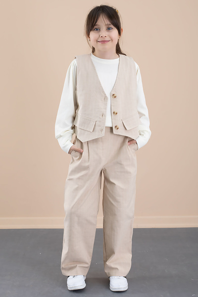 Cansın Mini Cream Line Patterned Vest and Wide Leg Trousers Girl's Badi 3 Piece Set 20491