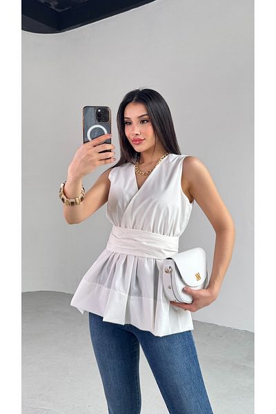 Cappmoda BLZ-06277 Μπλούζα με λαιμόκοψη με λευκή μέση με φιόγκο