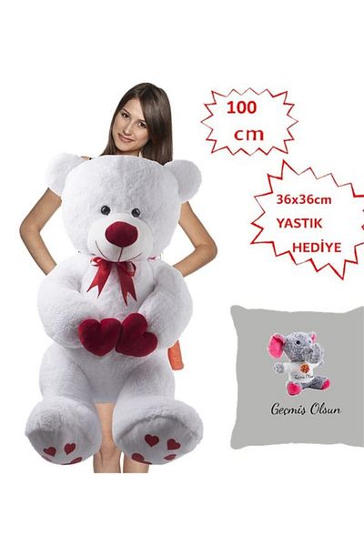 Özgüner Oyuncak 100 cm Double Heart Holding Innocent Teddy Bear Happy Birthday Elephant Pillow