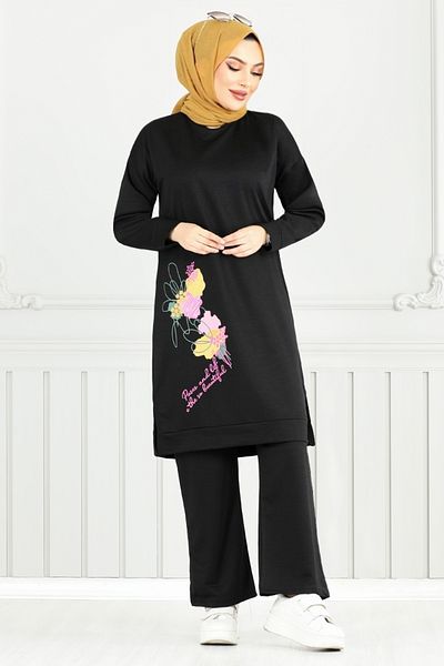 ModaMerve Floral Printed Hijab Suit 5093Uz1029-M Black