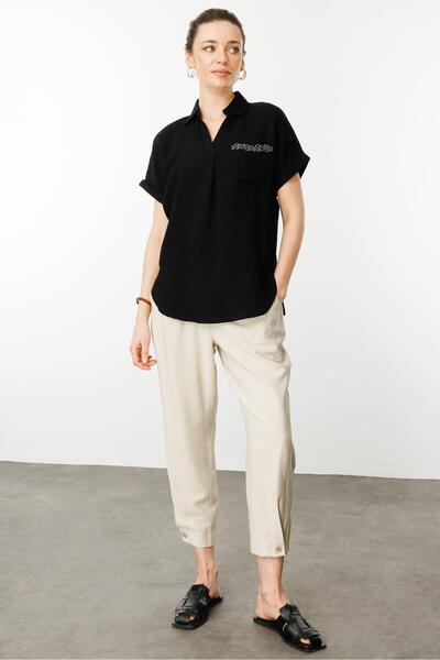 Desen Triko Women's Polo Neck Low Sleeve Shirt Black