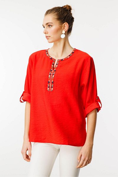 Desen Triko Women's Open Collar Collar Ethnic Embroidered Shirt Coral
