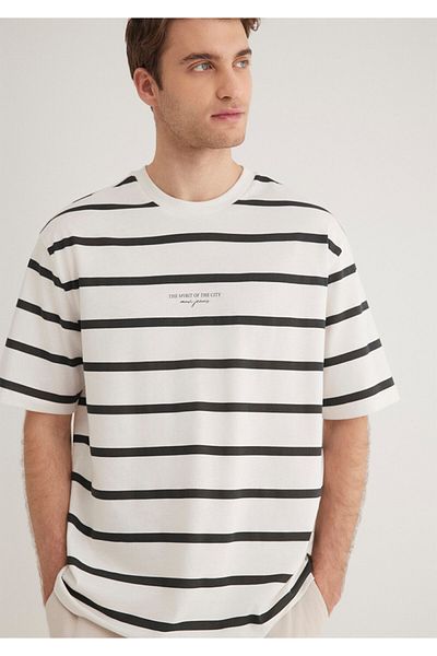 Mavi Black Striped Ecru T-Shirt Loose Fit / Loose Relaxed Cut 0612512 -70057
