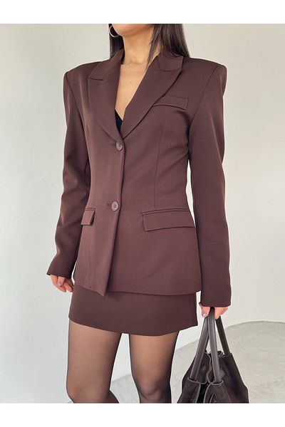 Cappmoda TKM-03685 Καφέ Σετ με δύο κουμπιά με διπλό στήθος πέτο Μίνι φούστα
