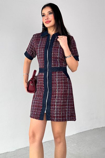 Cappmoda ELB-01753 Μπορντό Jean Λεπτομέρεια Κοντό μανίκι φόρεμα με φερμουάρ