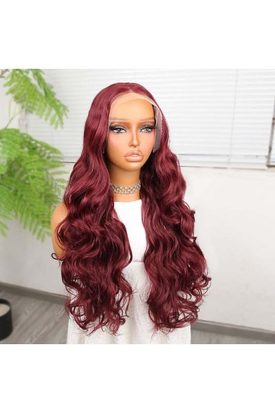 FantaziAtölyesi Gnarly Dense Water Wavy Dark Reddish Fiber Synthetic Long Tulle Wig