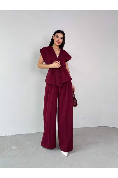 Cappmoda Tkm-03676 Burgundy Padded Vest Palazzo Trousers Polyviscon Fabric Double Suit