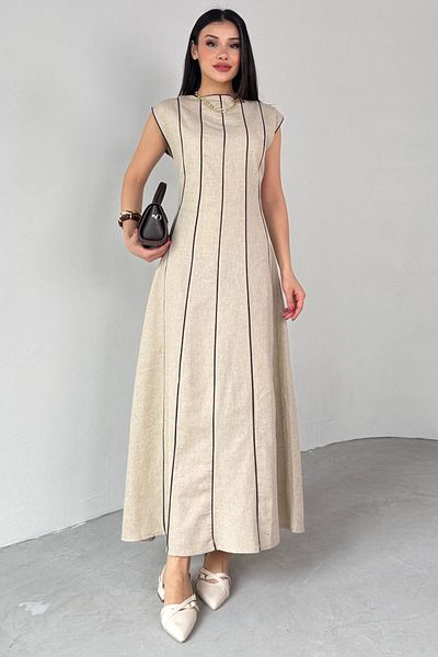 Cappmoda Elb-0402 Stone Color Line Detailed Linen Fabric Midi Length Dress