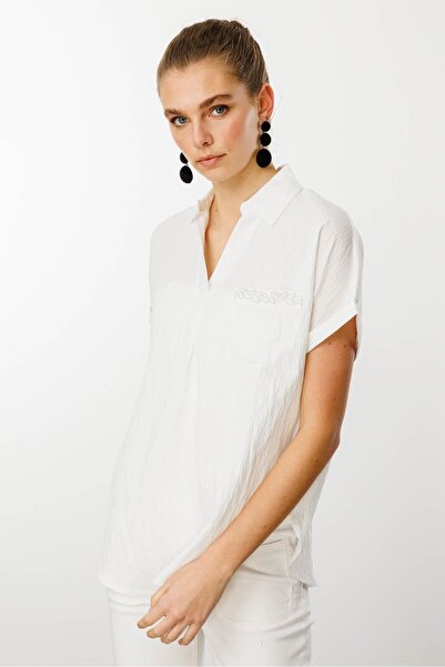 Desen Triko Women's Polo, Low Sleeve Shirt Ecru Color