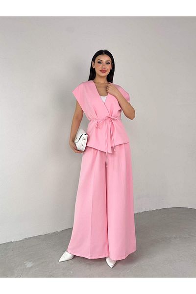 Cappmoda Tkm-03676 سترة وردية مبطنة سروال بالازو قماش بولي فيسكوز طقم مزدوج