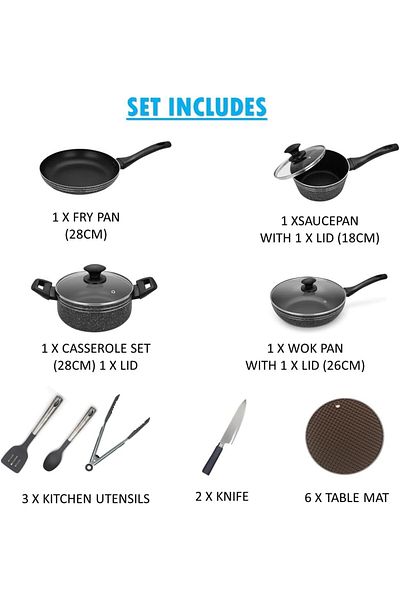 Auroware 18 Piece Non Stick Cookware Ser Induction Bottom PFOA Free Frying pan Casserole with Lid