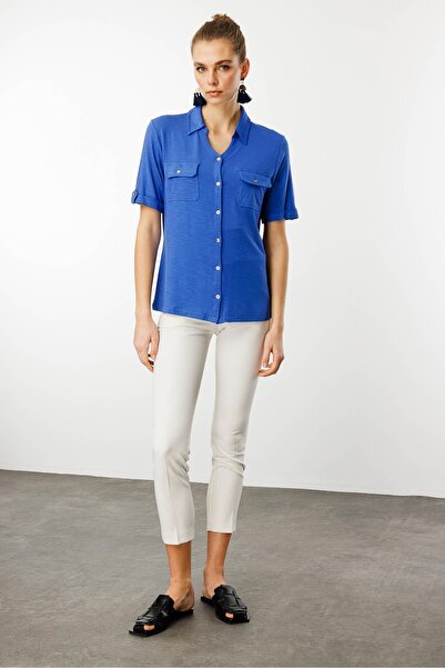 Desen Triko Shirt Indigo - Women's Chest Pocket Combed Cotton