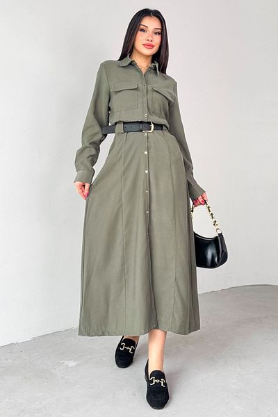 Cappmoda ELB-8189 Χακί Ζώνη Τσέπη Λεπτομερές Φόρεμα με Κουμπιά