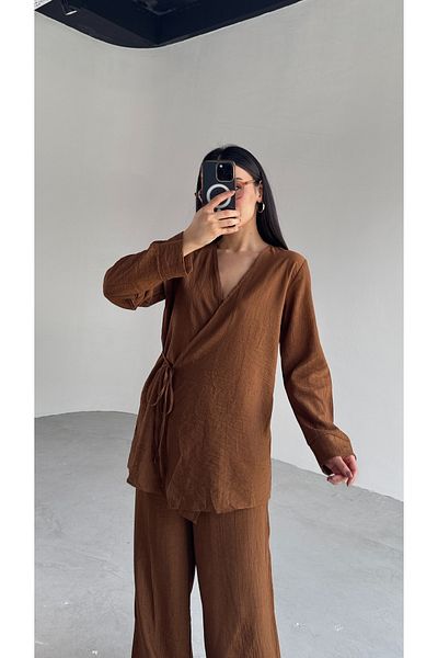 Cappmoda TKM-03686 Σετ κιμονό με καφέ σταυρωτό δέσιμο