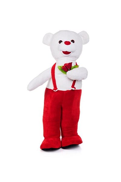 Özgüner Oyuncak 80 Cm Red Floral Patterned Teddy Bear in Overalls