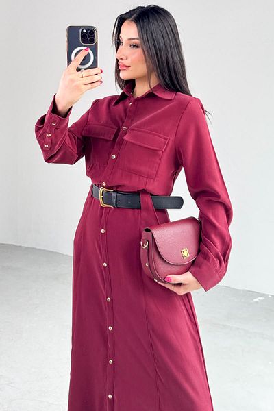 Cappmoda ELB-8189 Φόρεμα με κουμπιά με λεπτομέρεια με ζώνη μπορντό