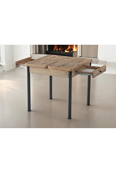 DENGEMA Neva Açılır Kapanır Mutfak Masası – Ceviz Desen, Siyah Ayak, 80x80/160 cm