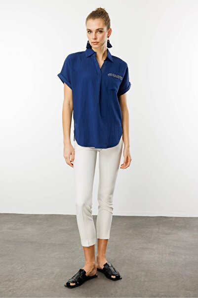 Desen Triko Women's Polo Neck Low Sleeve Shirt Navy Blue