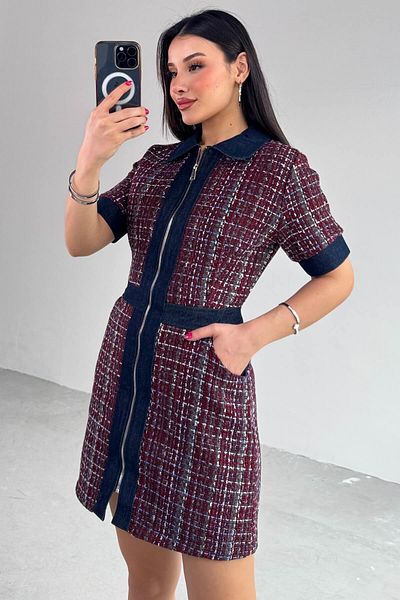 Cappmoda ELB-01753 Μπορντό Jean Λεπτομέρεια Κοντό μανίκι φόρεμα με φερμουάρ