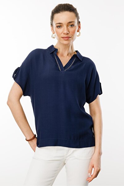 Desen Triko Women's Polo Neck Low Sleeve Shirt Navy Blue