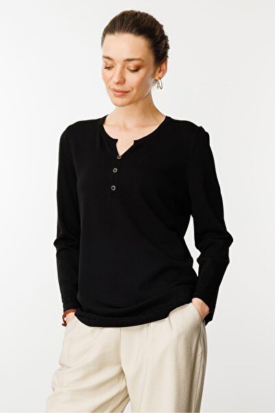 Desen Triko Γυναικεία Πλεκτή Μπλούζα με Ανοιχτό Γιακά Μαύρη