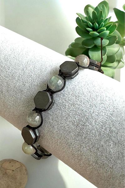 CRAZY TAKI TASARIM 8 mm Labradorite & Hematite Natural Stone Elevator Interlocked Men's Bracelet