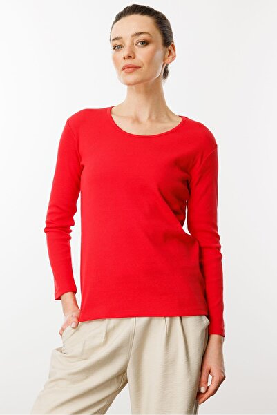 Desen Triko Kadın Sıfır Yaka Uzun Kol Basic Pamuklu Bluz Kırmızı