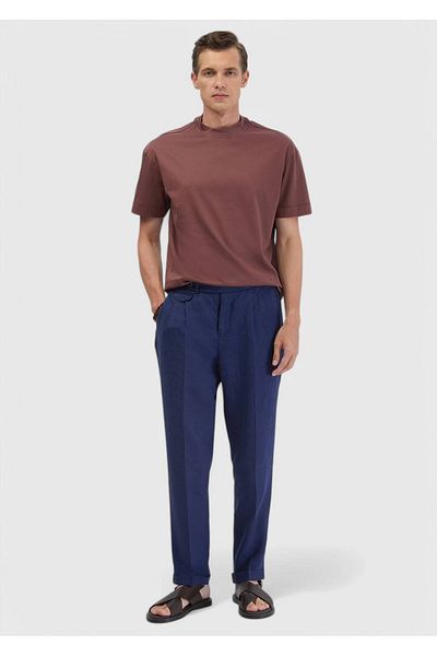 Ramsey Indigo Striped Woven Carrot Fit Casual 100% Linen Trousers