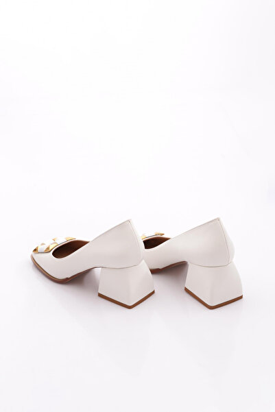 DGN Kadın Kare Tokalı Kısa Kalın Topuklu Ayakkabı Beyaz Açma 234492859