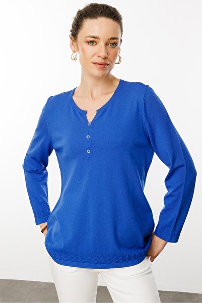 Desen Triko Γυναικεία Πλεκτά Μπλούζα με Ανοιχτό Γιακά με Κουμπί Saks