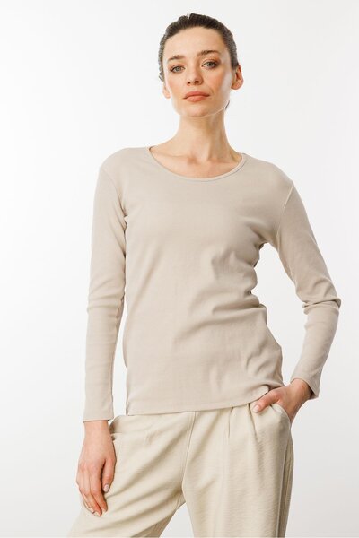 Desen Triko Beige Basic Cotton Women's Crew Neck Long Sleeve Blouse