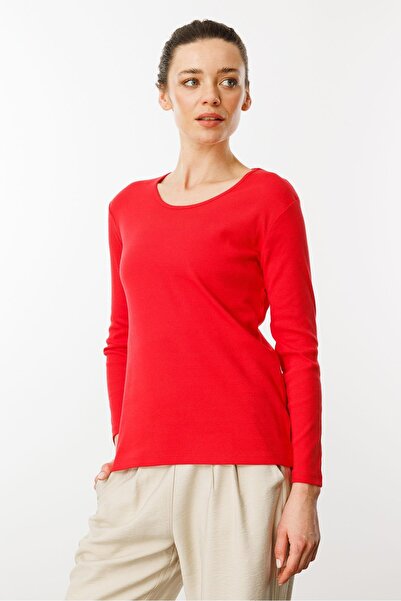 Desen Triko Kadın Sıfır Yaka Uzun Kol Basic Pamuklu Bluz Kırmızı